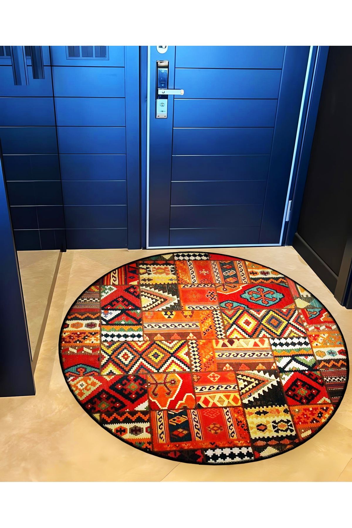 Mira Yuvarlak Çok Renkli Patchwork Etnik Desen Dokuma Taban Modern Dekoratif Halı 5792