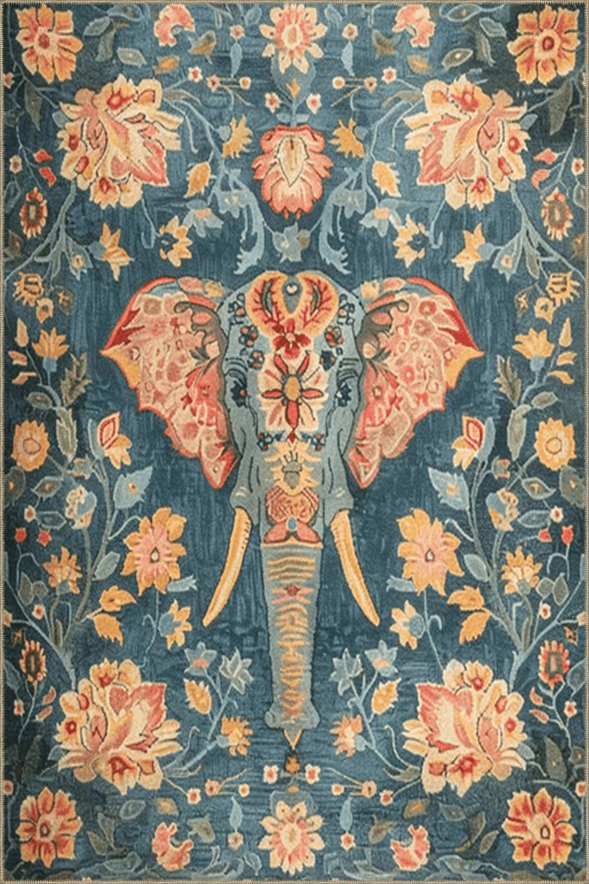 Paris Koleksiyonu Mavi Pembe Tonlar Fil ve Çiçekler Desenli Kreatif Modern Dekoratif Halı 126