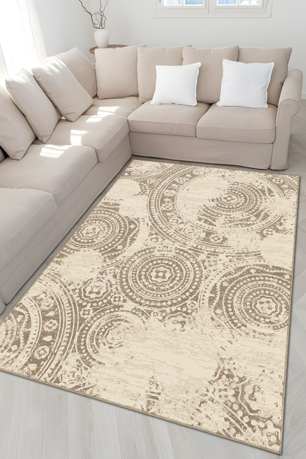Bej Temalı Daire Şekil Etnik Motif Desenli Vintage Dekoratif Halı 4912