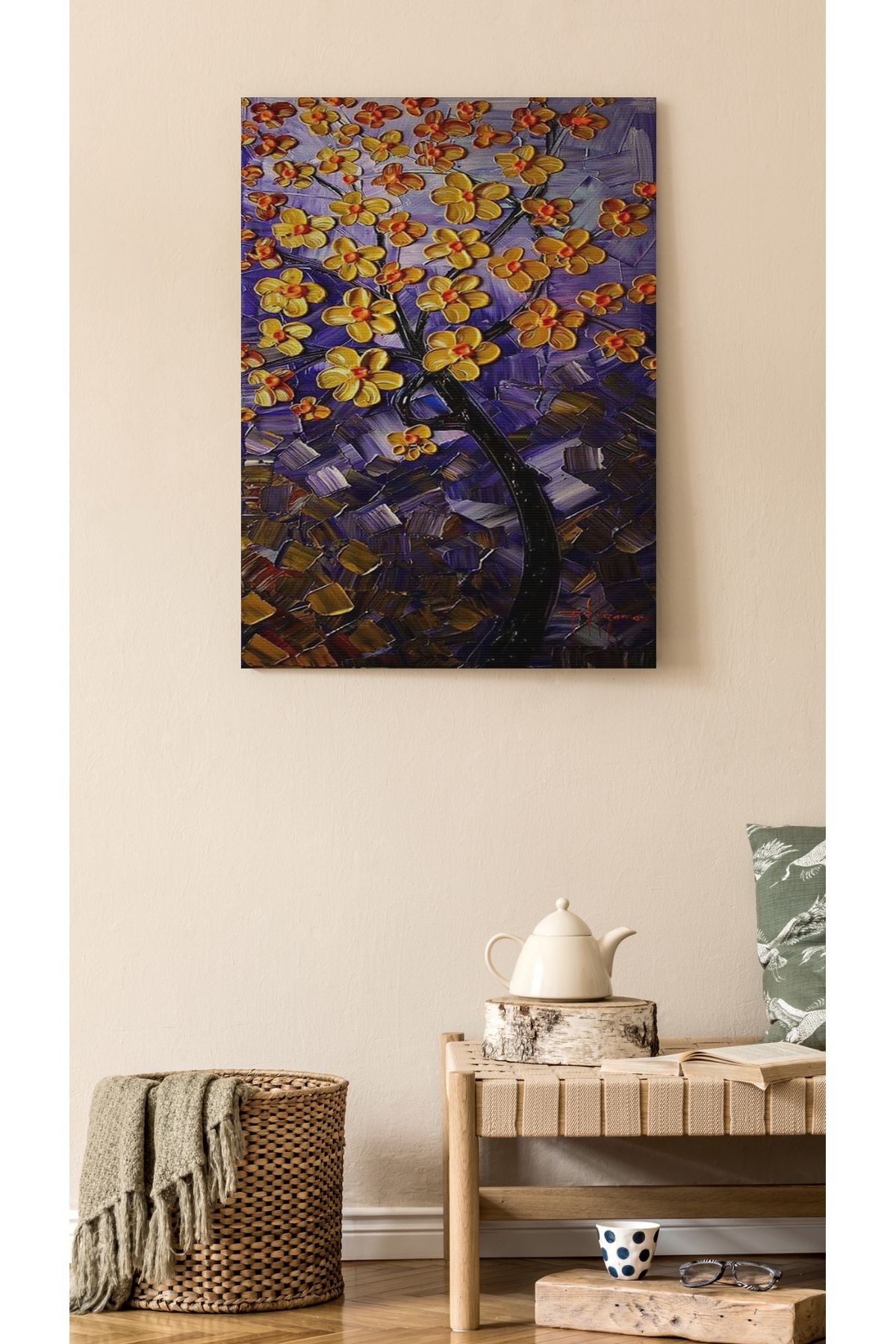 Kanvas Tablo Mor Temalı Ağaç Çiçek Yapraklı Modern Tablo