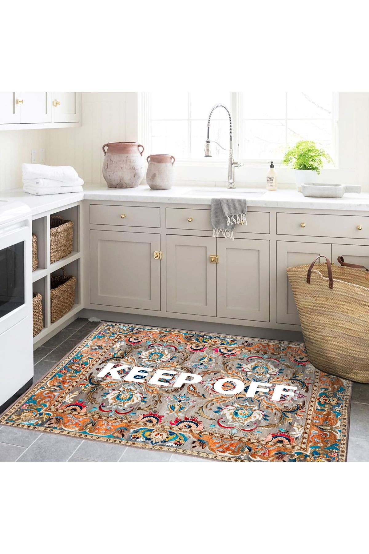 Tokyo Koleksiyonu Gri Temalı Keep Off Yazılı Floral Desenli Dokuma Taban Vintage Dekoratif Halı 23