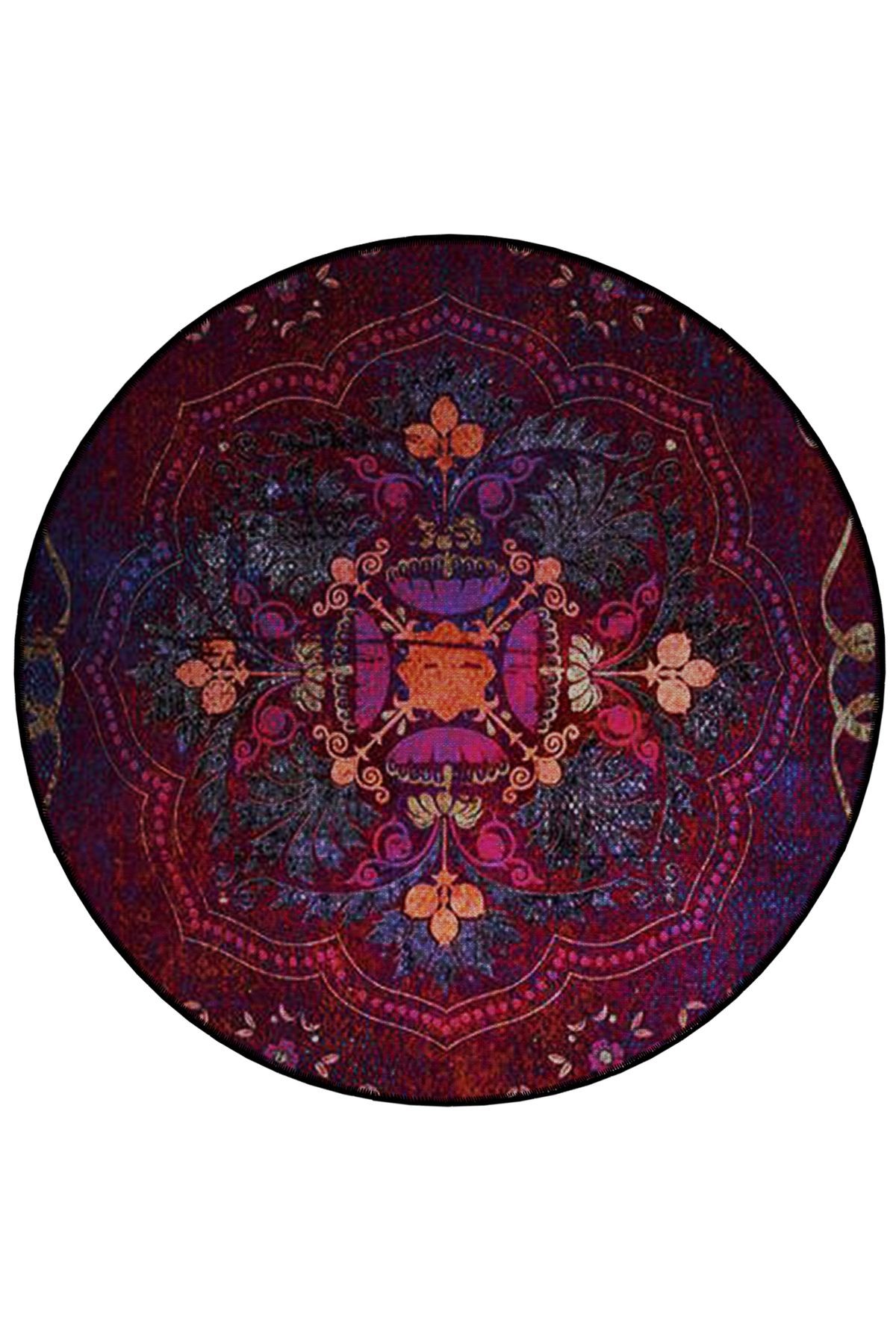 Çok Renkli Çiçek Motifli Geleneksel Desenli Yuvarlak Dokuma Taban Vintage Dekoratif Halı 6140