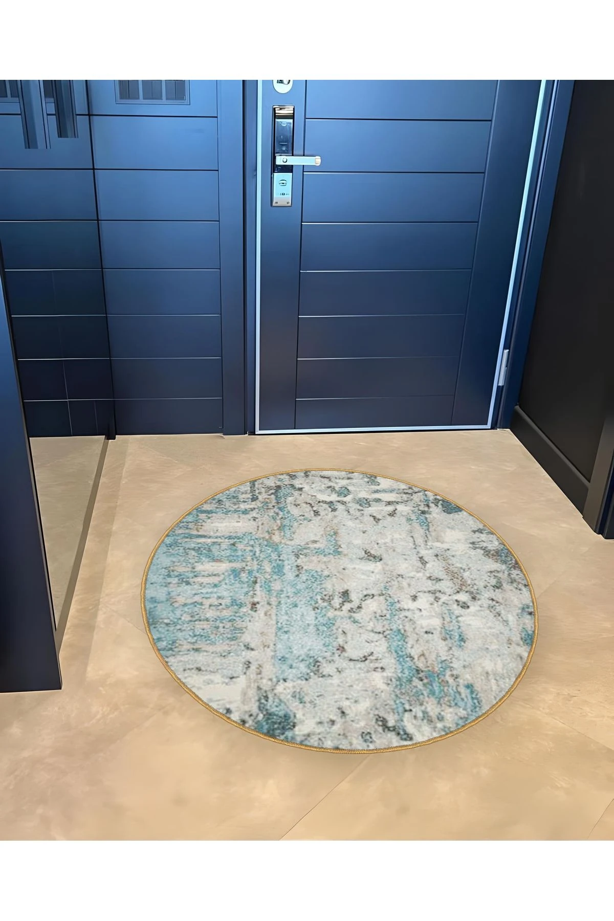 Mira Yuvarlak Mavi Beyaz Tonlarda Dokuma Taban Modern Dekoratif Halı 5550