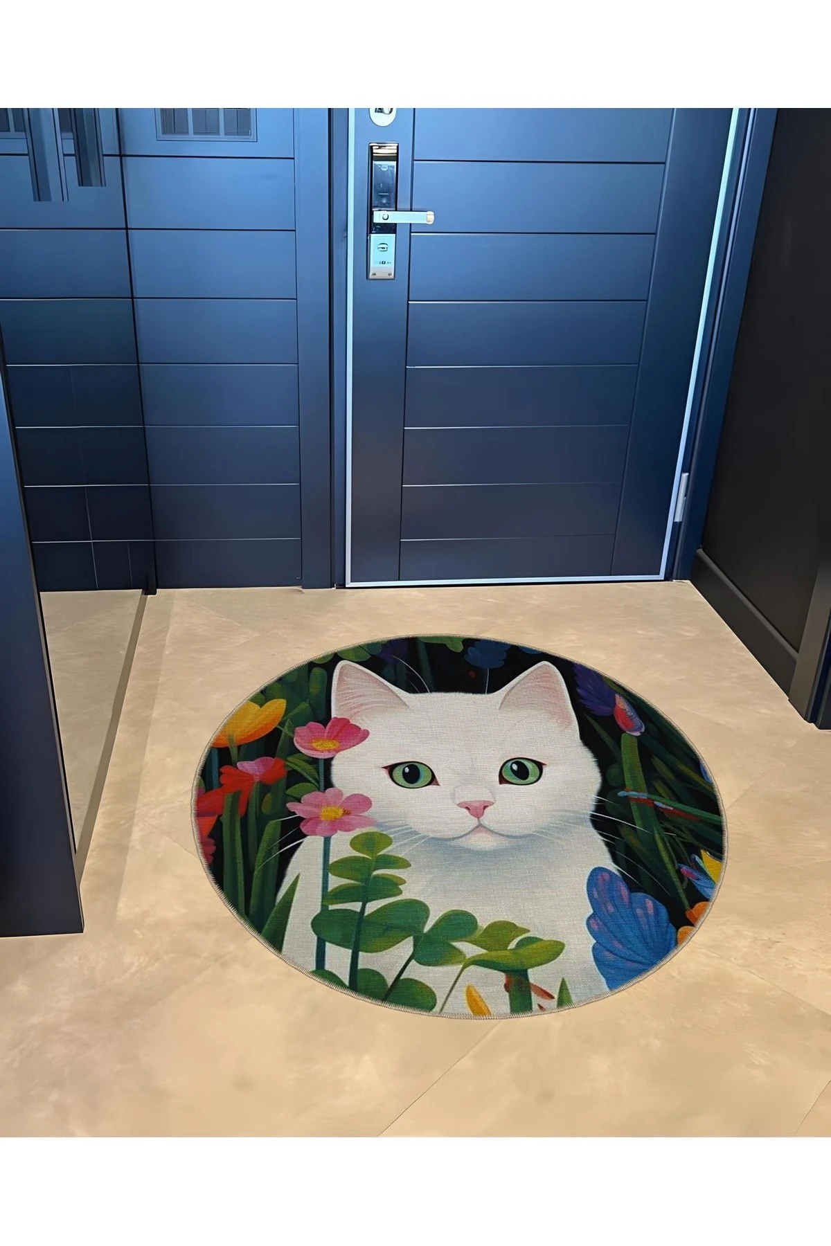 Mira Yuvarlak Çiçek Detaylı Beyaz Kedi Desenli Modern Dekoratif Halı 5530