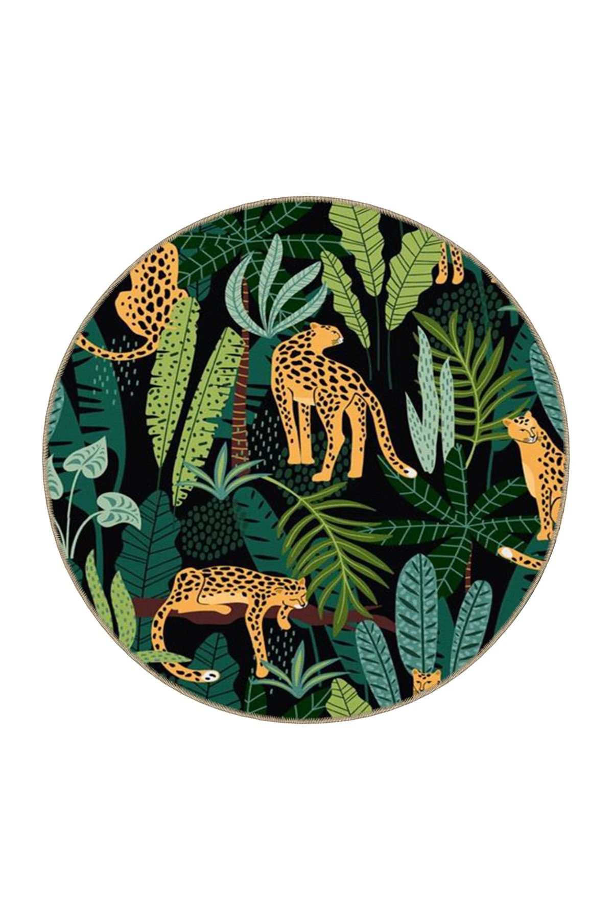 Siyah Yeşil Temalı Lepar ve Ağaç Desenli Modern Dekoratif Halı 3574