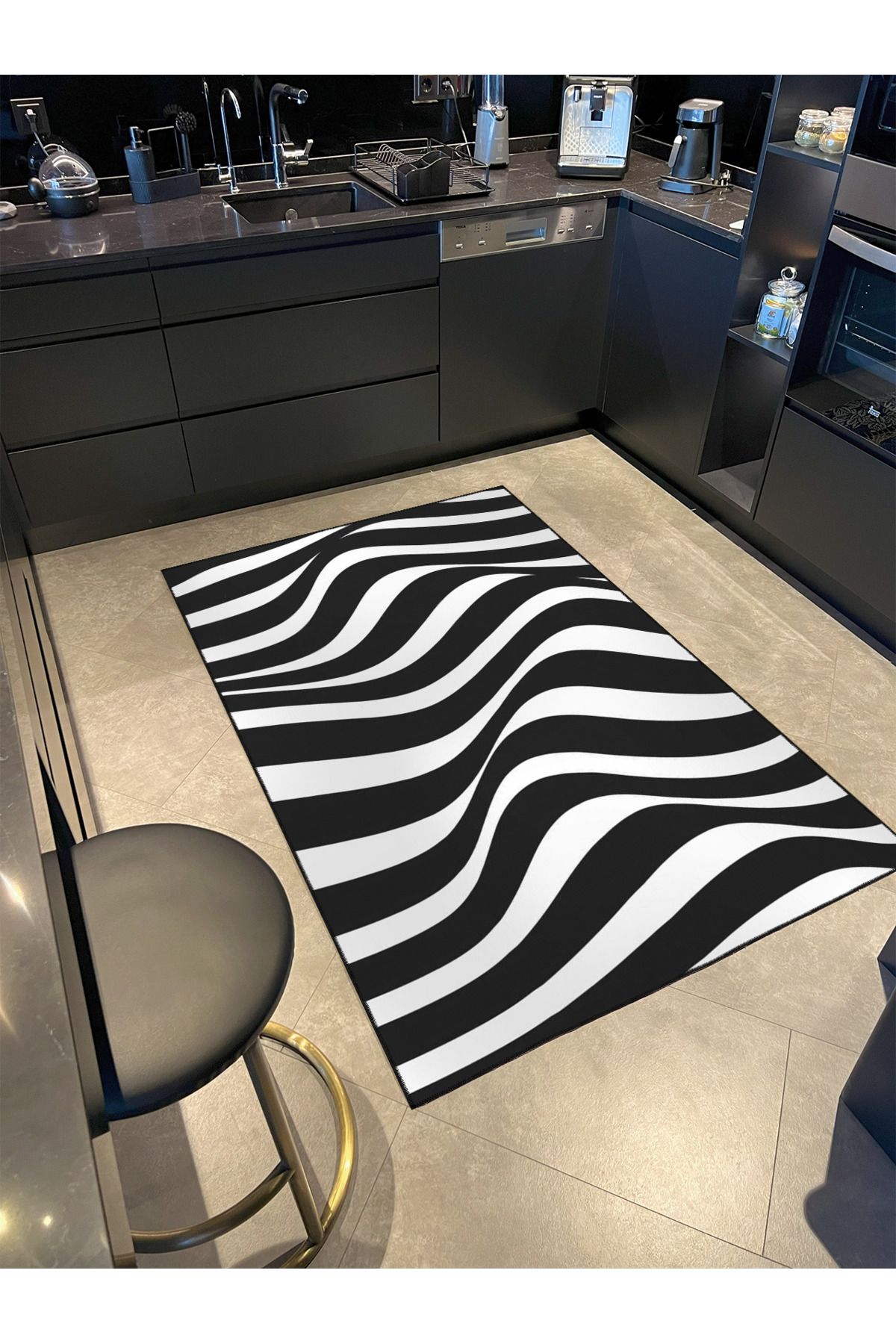 Siyah Beyaz Dalgalı Temalı Dekoratif Halı ve Yıkanabilir Halı miravip9750