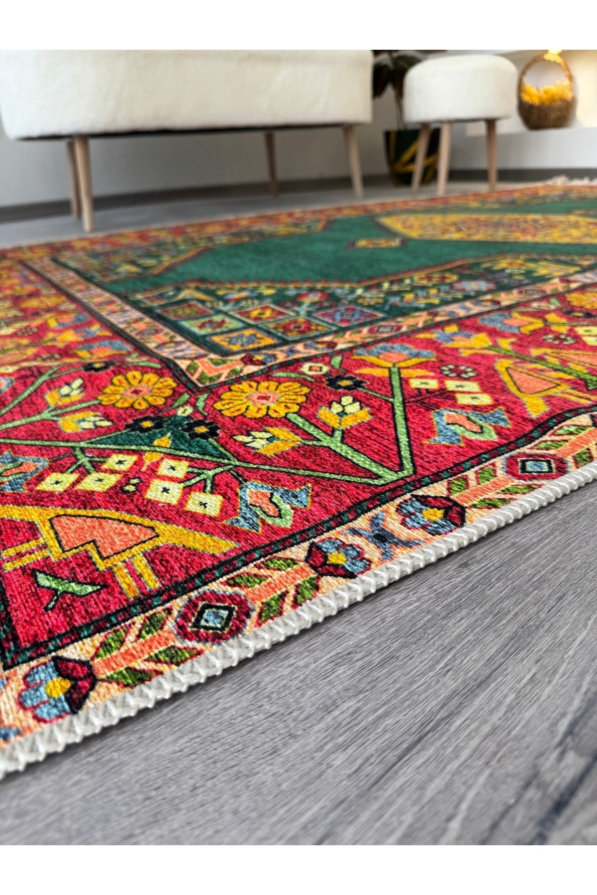 Opal Yeşil Turuncu Antik Desenli Dokuma Taban Modern Dekoratif Halı opal11