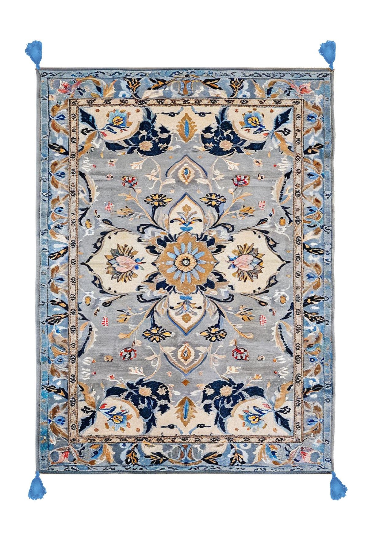Tokyo Koleksiyonu Gri Mavi Temalı Geleneksel Motif Desenli Dokuma Taban Vintage Dekoratif Halı 13