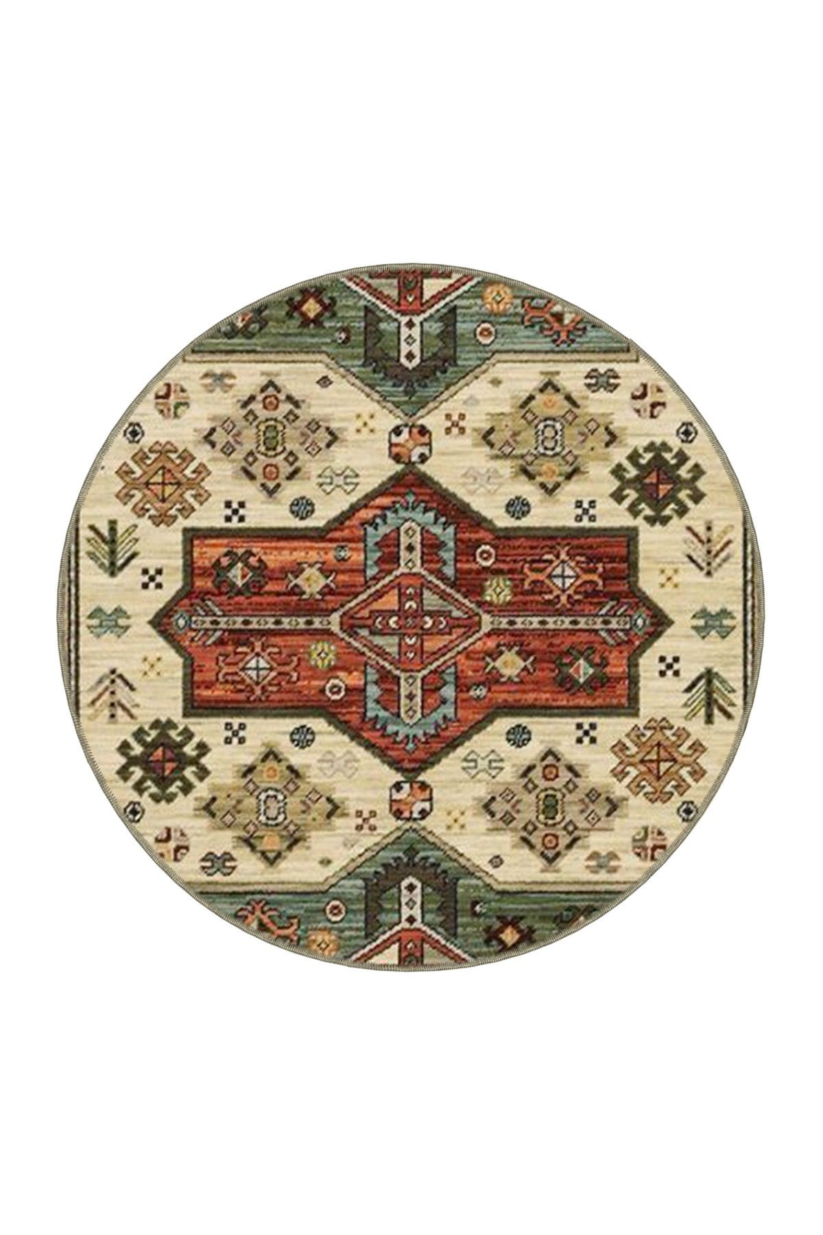 Yeşil Turuncu Temalı Geleneksel Motif Desenli Vintage Dekoratif Halı 4512