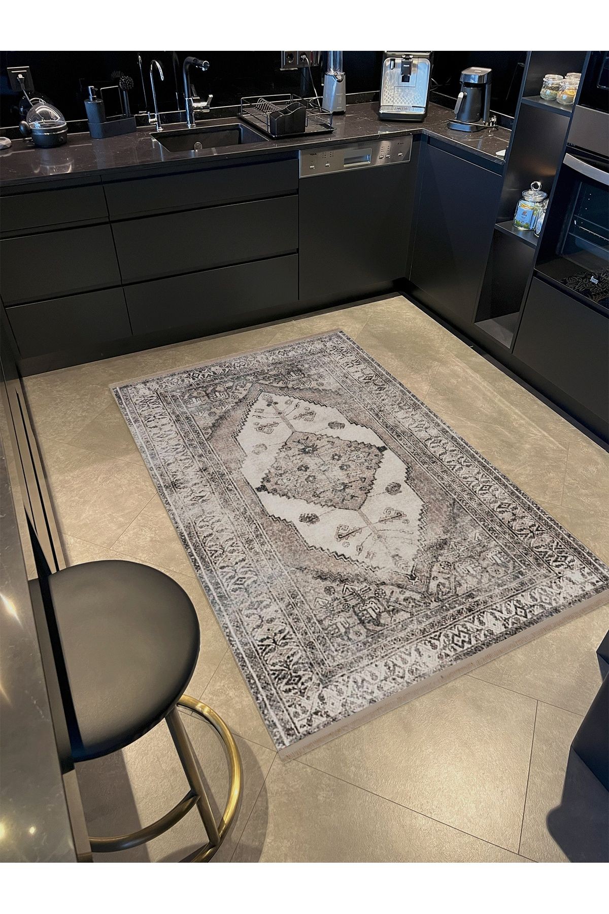 Asya Koleksiyonu Gri Bej Antik Desenli Dokuma Taban Modern Dekoratif Halı asya05