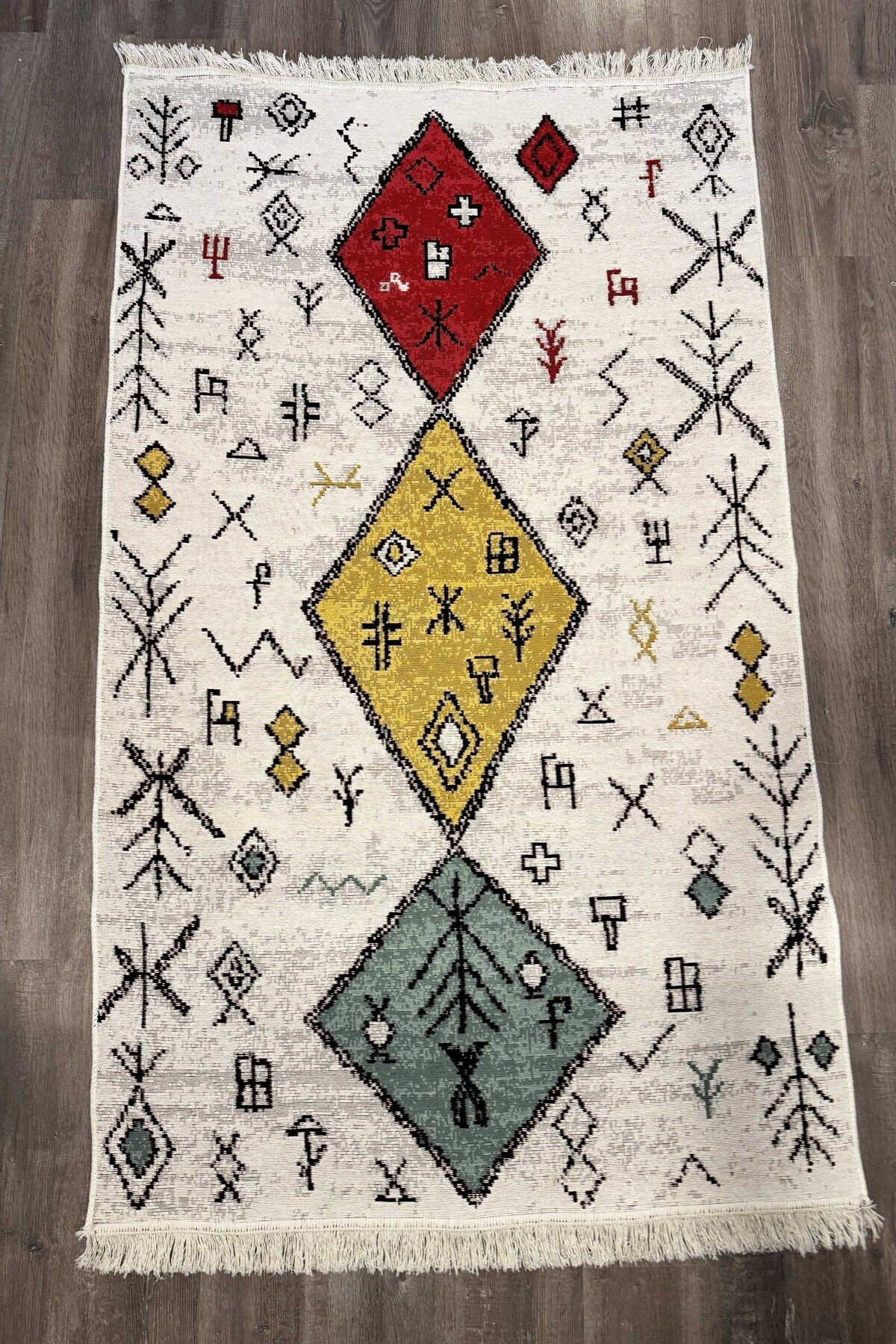 Alara Koleksiyonu Kırmızı Sarı Mavi Ve Siyah Kırmızı Çift Taraflı Pamuk Dokuma Saçaklı Kilim alara02