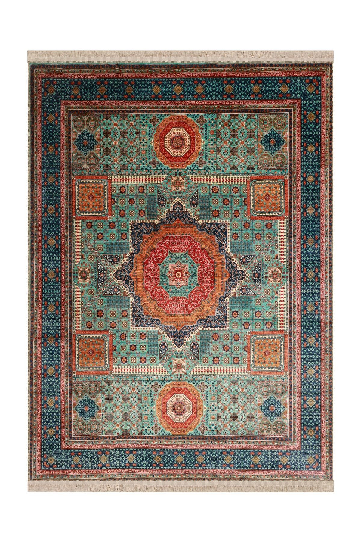 Memlük Koleksiyonu Mavi Tonlar Etnik Motif Desenli Dokuma Taban Vintage Dekoratif Halı memlük34