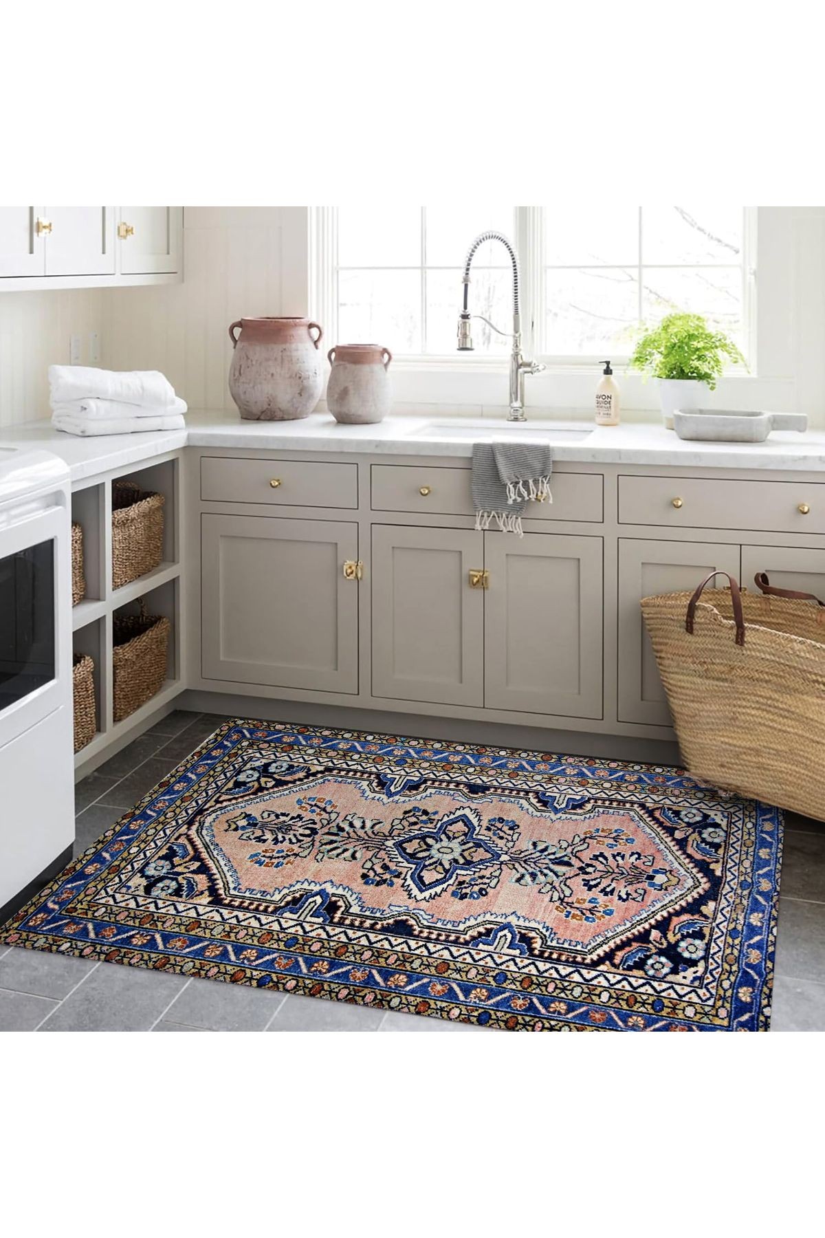Asena Koleksiyonu Pudra ve Lacivert Temalı Geleneksel Motif Etnik Desenli Vintage Dekoratif Halı 23