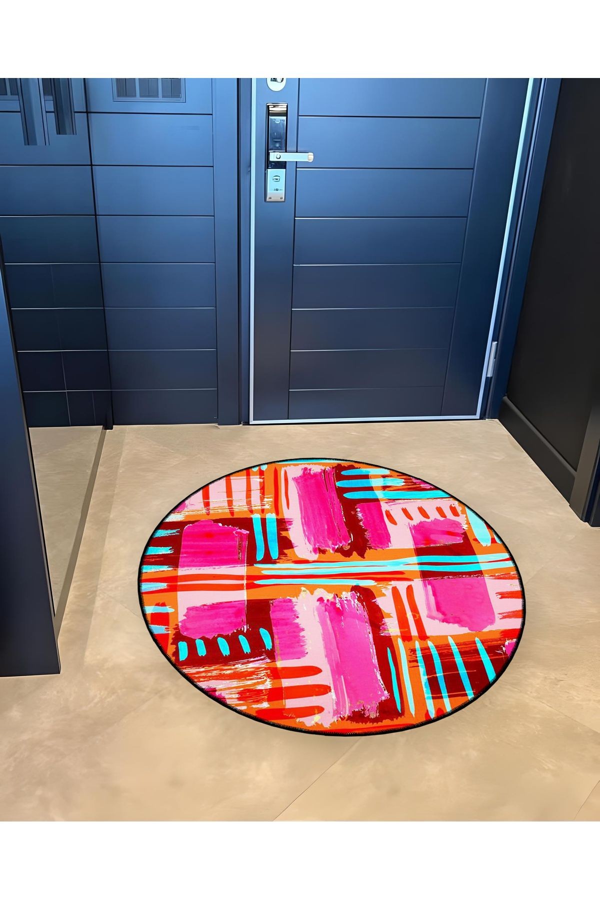 Pembe Temalı Soyut Geometrik Desenli Yuvarlak Dokuma Taban Modern Dekoratif Halı 6101