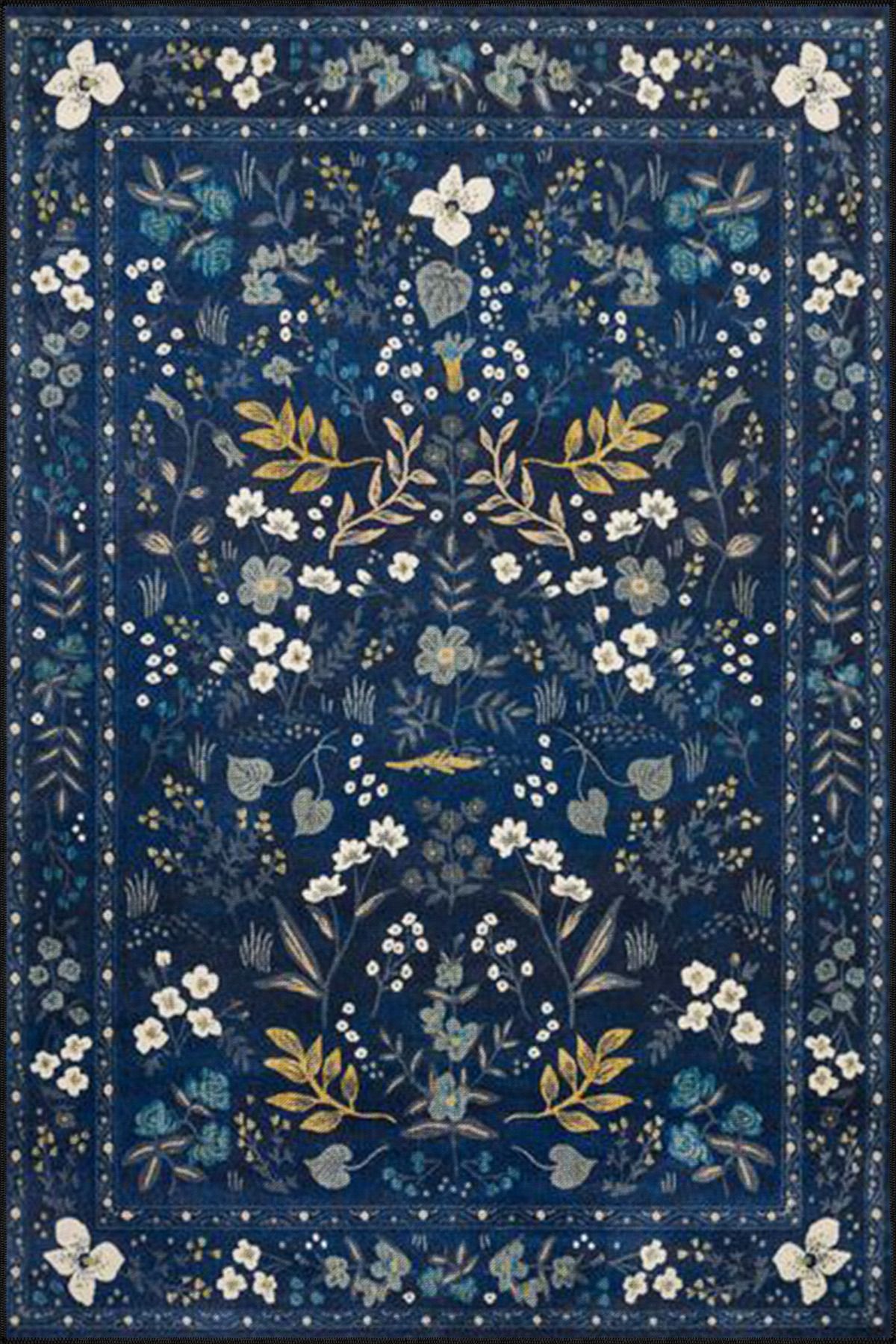 Lacivert Renkli Çiçekli Floral Geometrik Modern Dekoratif Halı miravip156