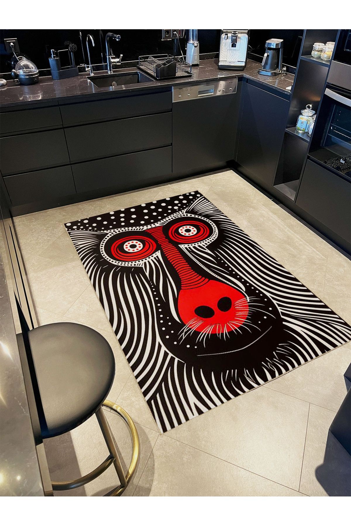 Güneş Koleksiyonu Siyah Kırmızı Maymun Yüzü Desenli Dokuma Taban Modern Dekoratif Halı güneş30