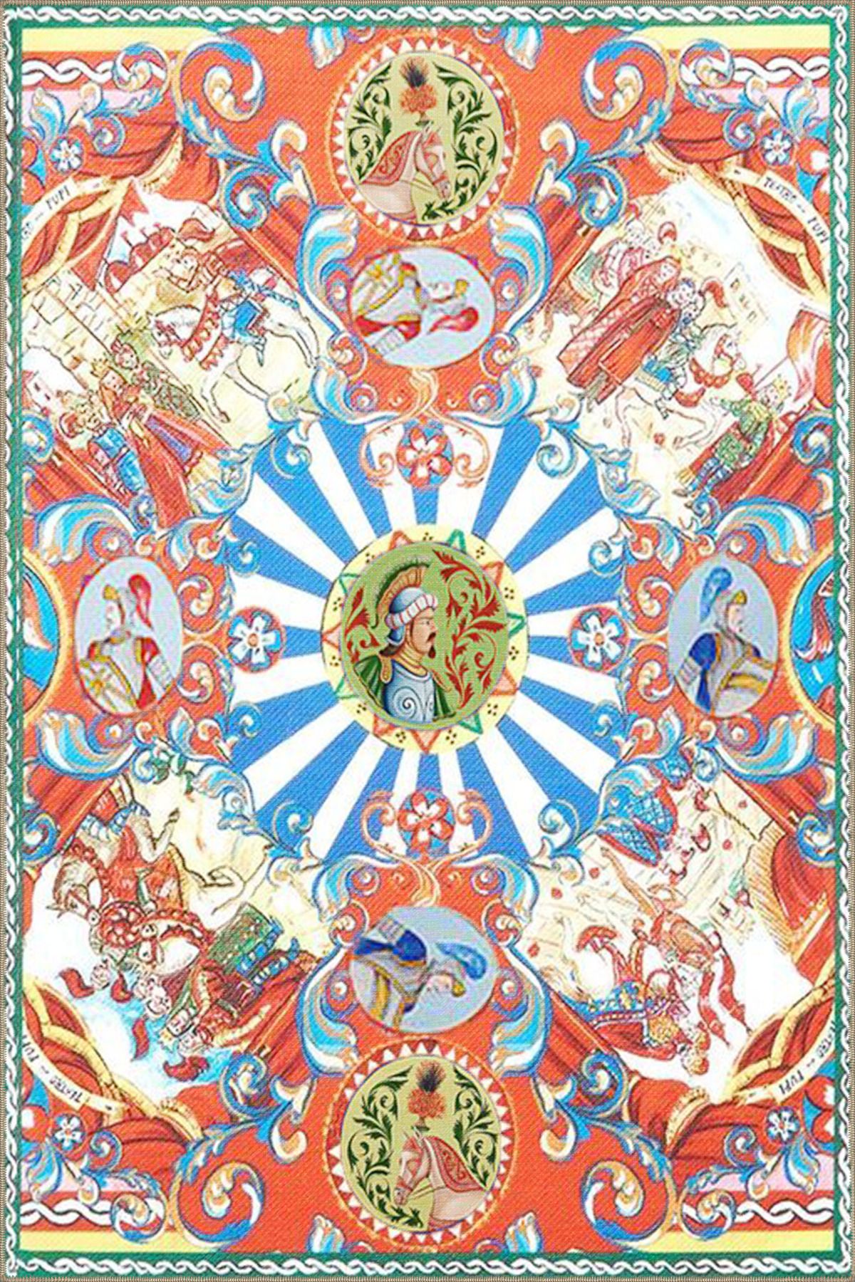 Summer Koleksiyonu Turuncu Mavi Temalı Floral ve Şövalye Figürü Desenli Modern Dekoratif Halı 3876