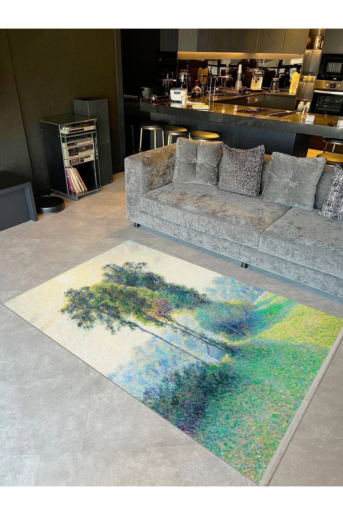 Yılmaz Koleksiyonu Pastel Renkler Ağaçlar ve Çayır Manzarası Desenli Modern Dekoratif Halı 48