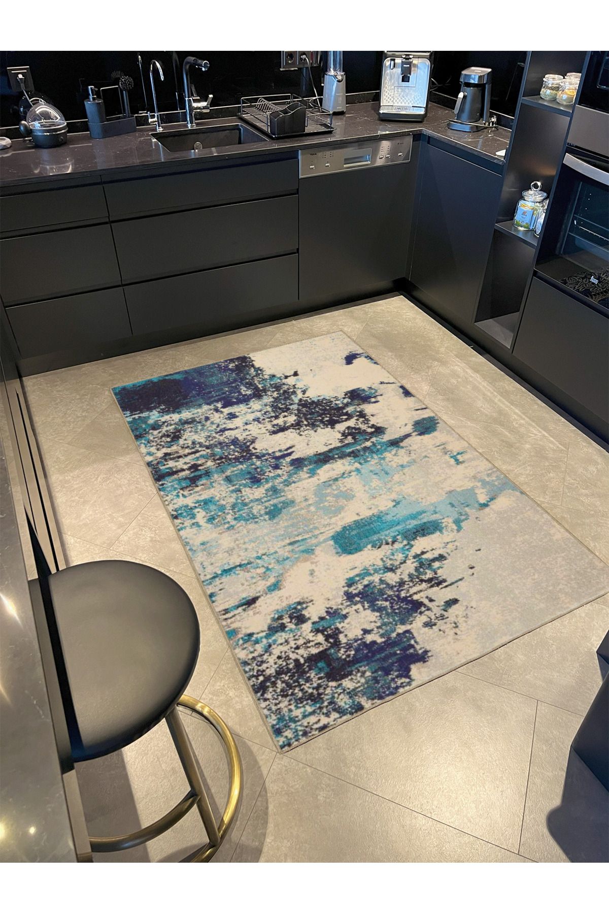 Krem Mavi Boyalı Desenli Dokuma Taban Halı ve Yıkanabilir Halı miravip10122