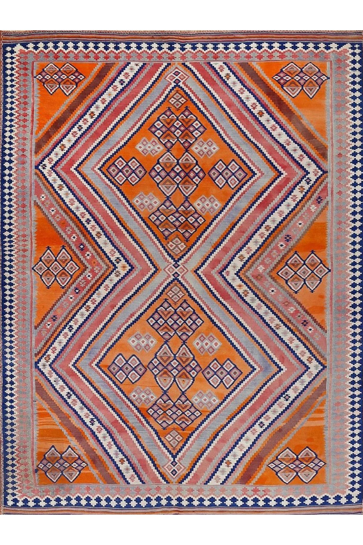 Mete Koleksiyonu Turuncu Temalı Etnik Motifler ve Geometrik Desenli Vintage Dekoratif Halı 48