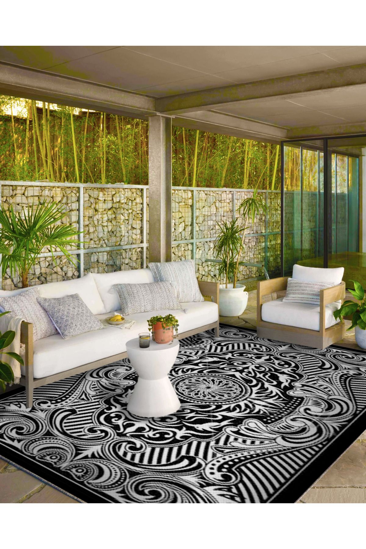 Siyah Beyaz Temalı Geometrik Desenli Dokuma Taban Halı ve Yıkanabilir Halı aloha122