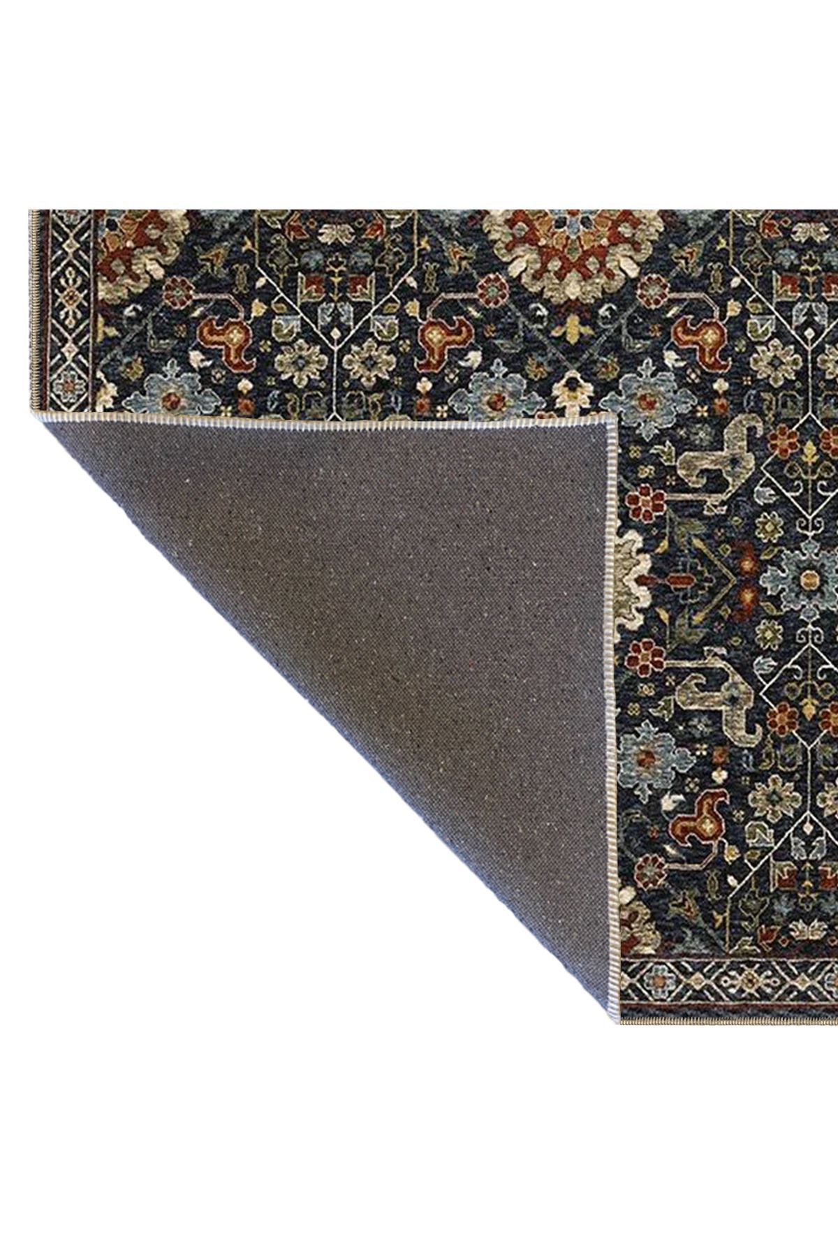 Lacivert Temalı Çok Renkli Çiçek Motifli Etnik Desenli Vintage Dekoratif Halı 3950