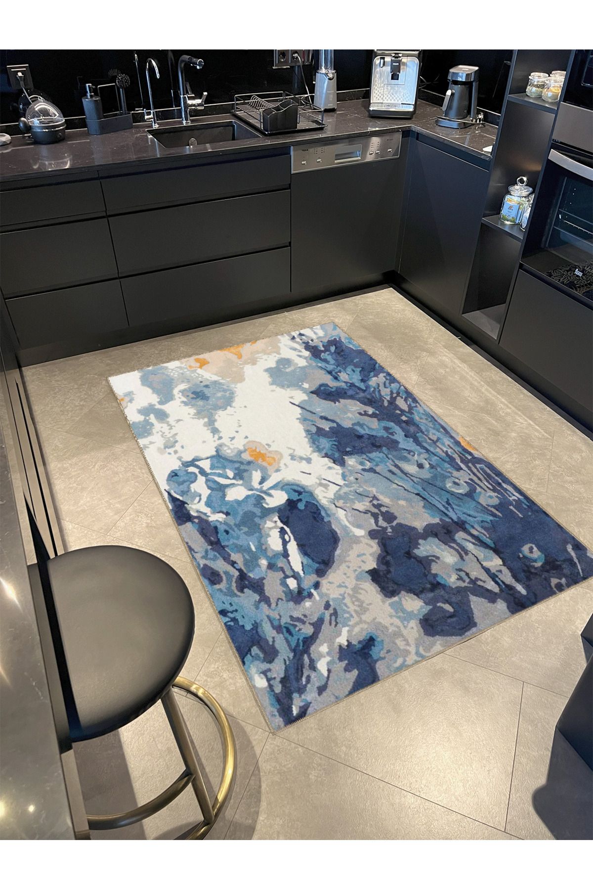 Lacivert Temalı Abstract Soyut Desenli Kreatif Modern Dekoratif Halı 3977