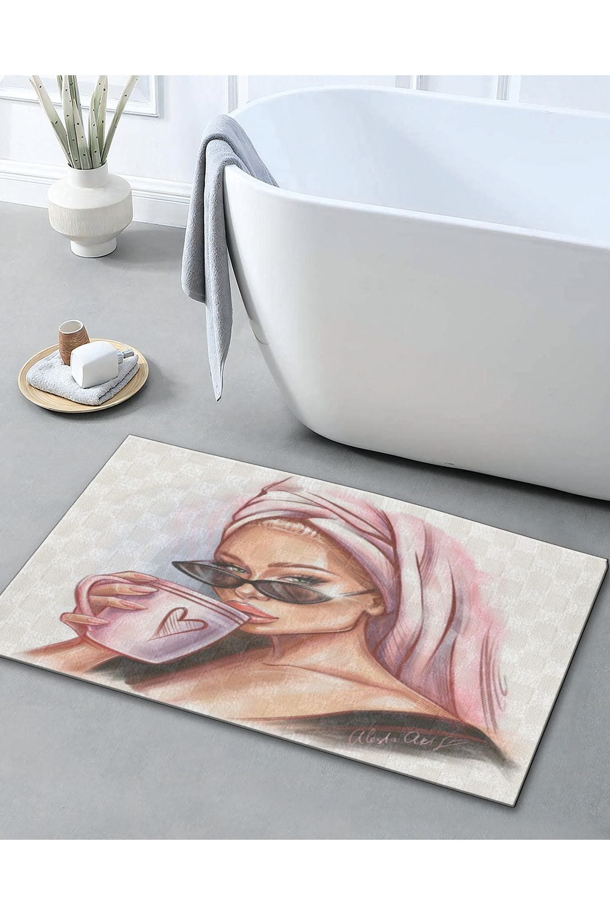 Pudra Bej Temalı Kadın Portre Desenli Modern Dekoratif Banyo Paspası 90×60