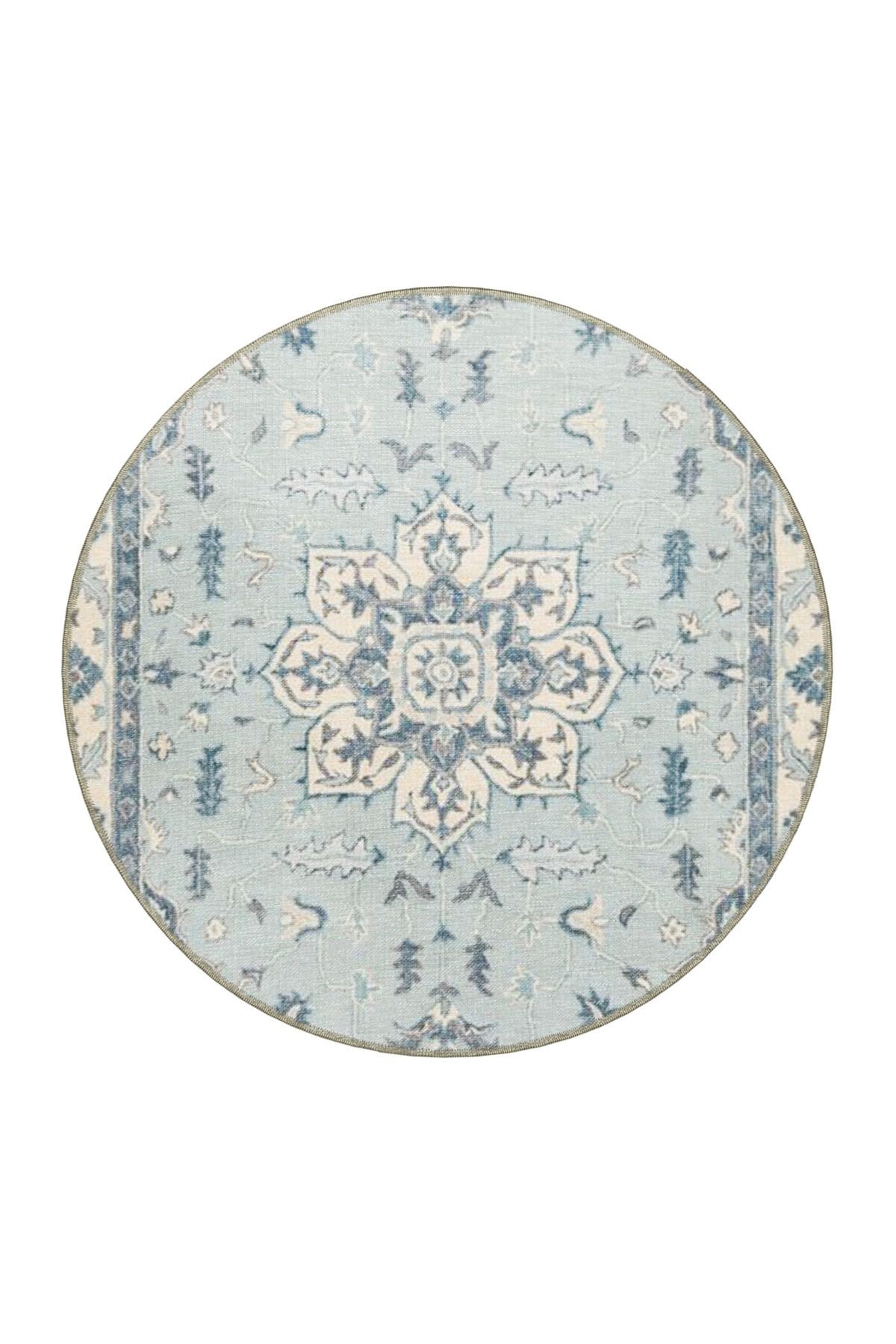 Açık Mavi Temalı Geleneksel Motif Çiçek Desenli Vintage Dekoratif Halı 4537