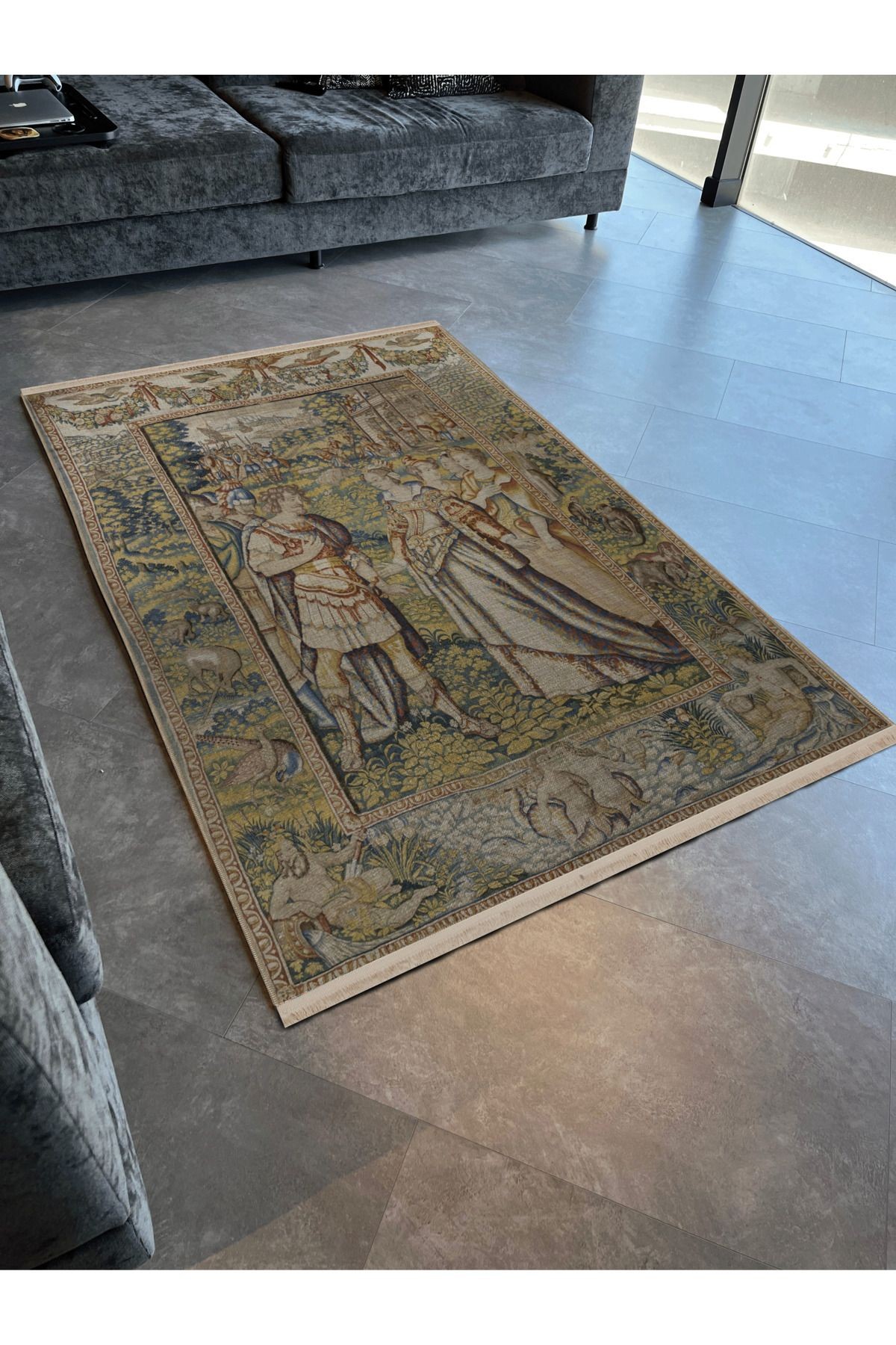 Çok Renkli Goblen Tasarım Şövalye ve Prenses Desenli Kreatif Vintage Dekoratif Halı 2890