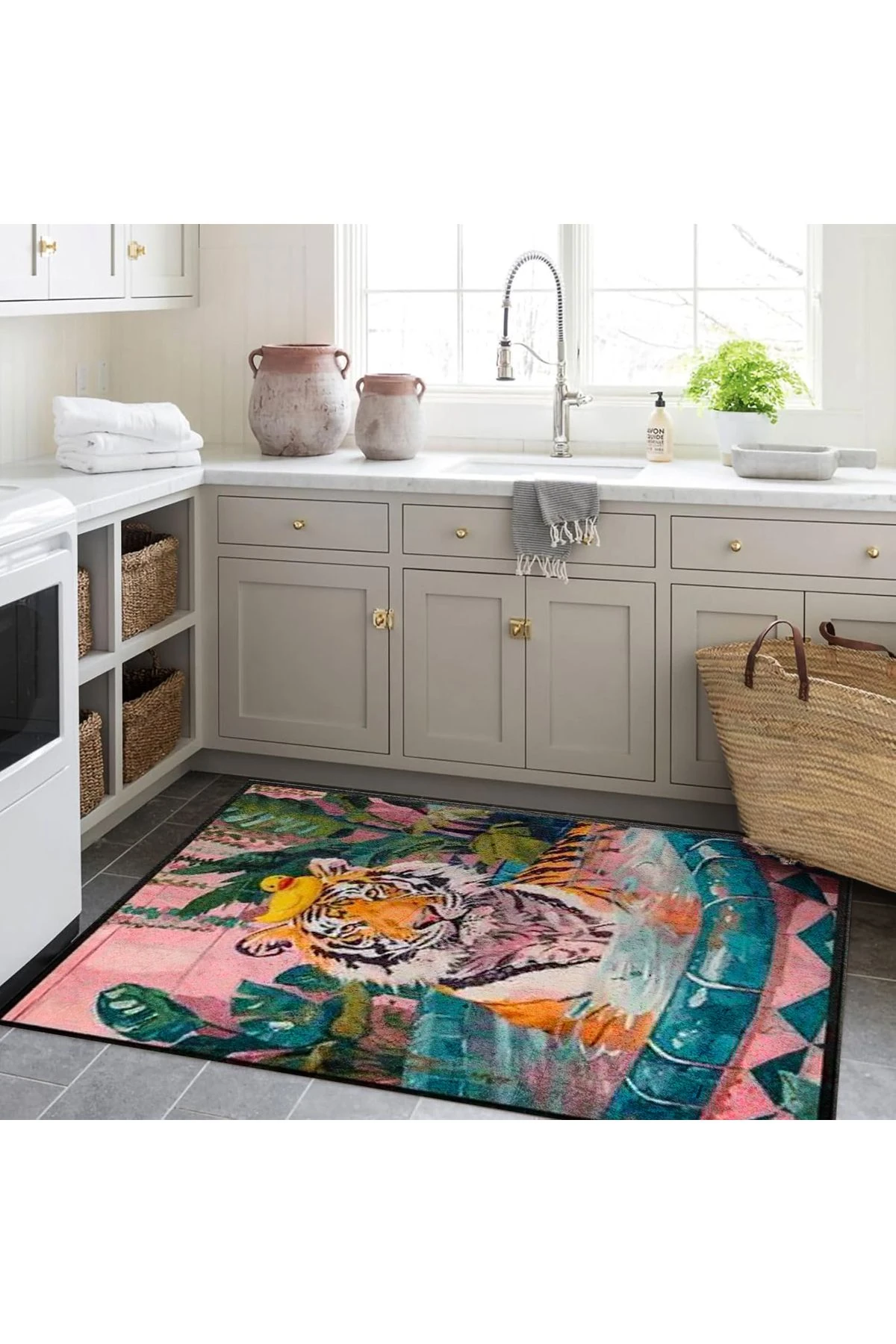 Kuzey Koleksiyonu Havuzda Kaplan ve Oyuncak Ördek Desenli Dokuma Taban Dekoratif Halı kuzey14