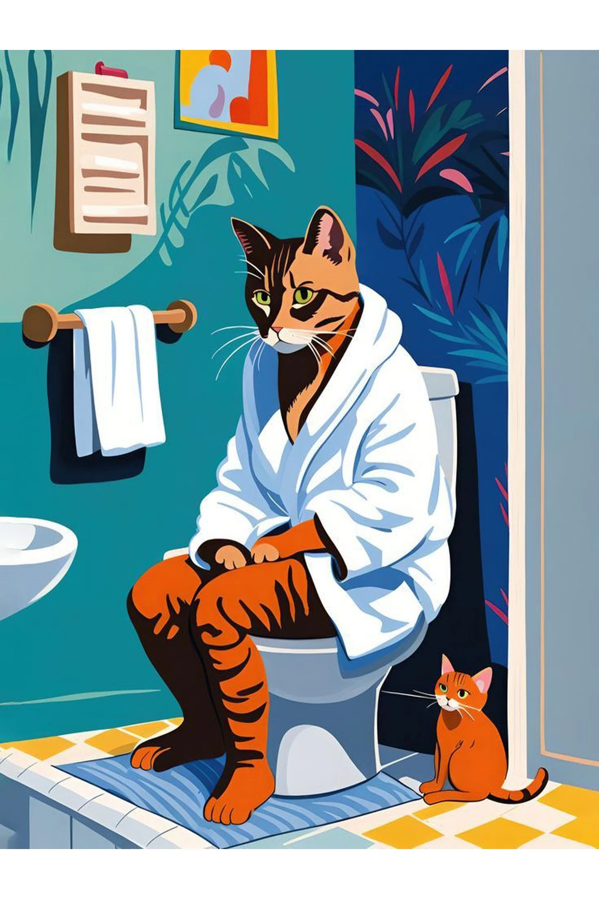 Kuzey Koleksiyonu Renkli Banyoda Beyaz Bornozlu Kedi Desenli Dokuma Taban Dekoratif Halı kuzey32