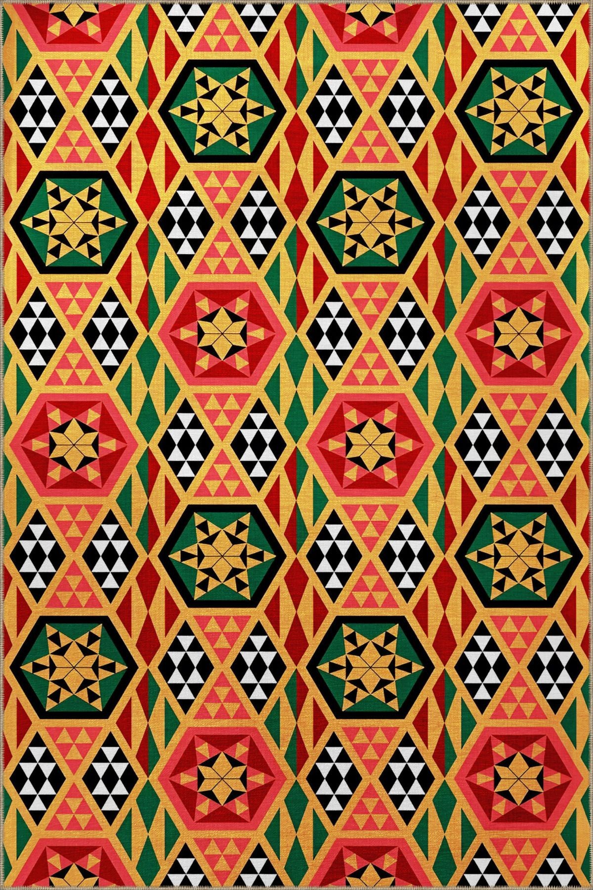Yeşil Sarı Temalı Yıldız Geometrik Üçgen Şekil Desenli Modern Dekoratif Halı 2307