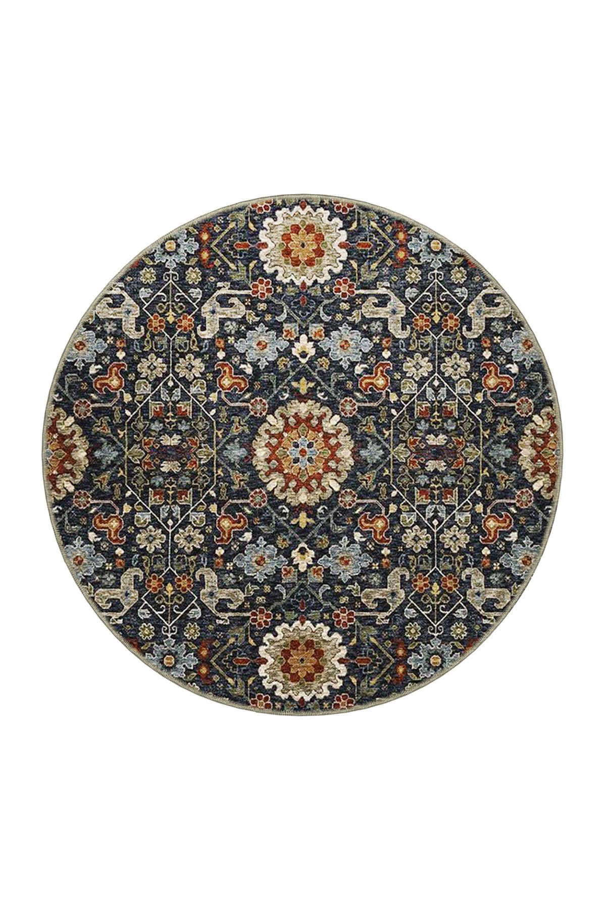 Lacivert Temalı Çok Renkli Çiçek Motifli Etnik Desenli Vintage Dekoratif Halı 3950