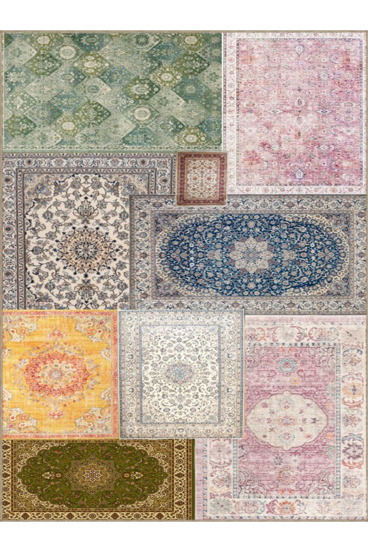 Kuvars Koleksiyonu Soft Renkli Vintage Motifler Desenli Dokuma Taban Etnik Dekoratif Halı kuvars24