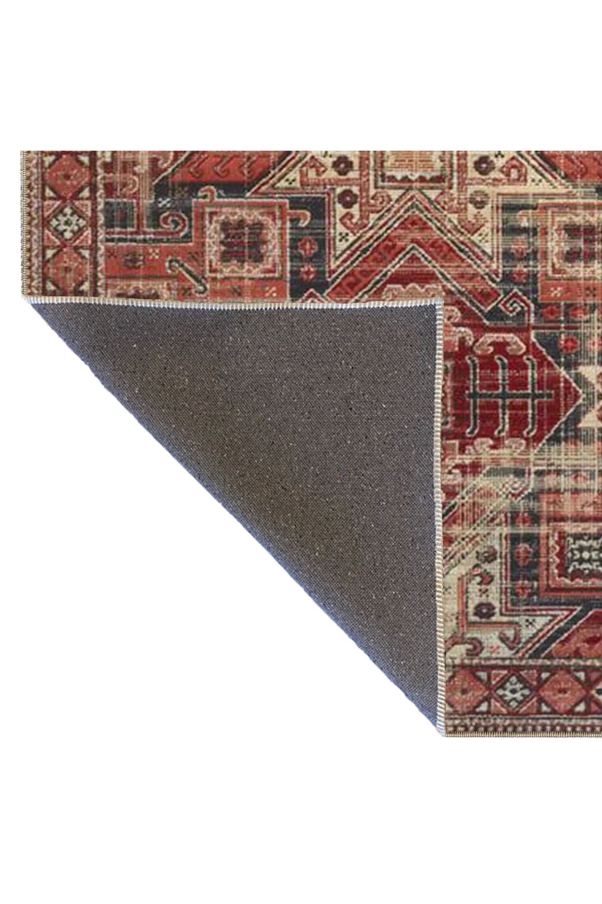 Kiremit Rengi Temalı Çok Renkli Geleneksel Motif Desenli Vintage Dekoratif Halı 3871