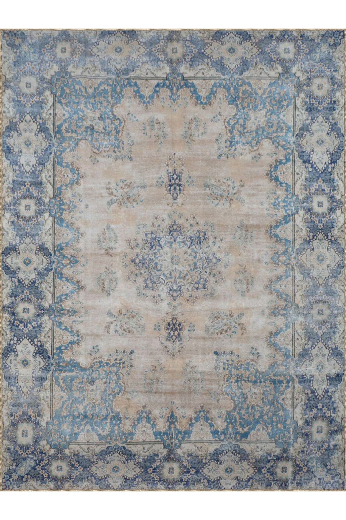 Emre Koleksiyonu Mavi Bej Temalı Geleneksel Motif Desenli Dokuma Taban Vintage Dekoratif Halı 06