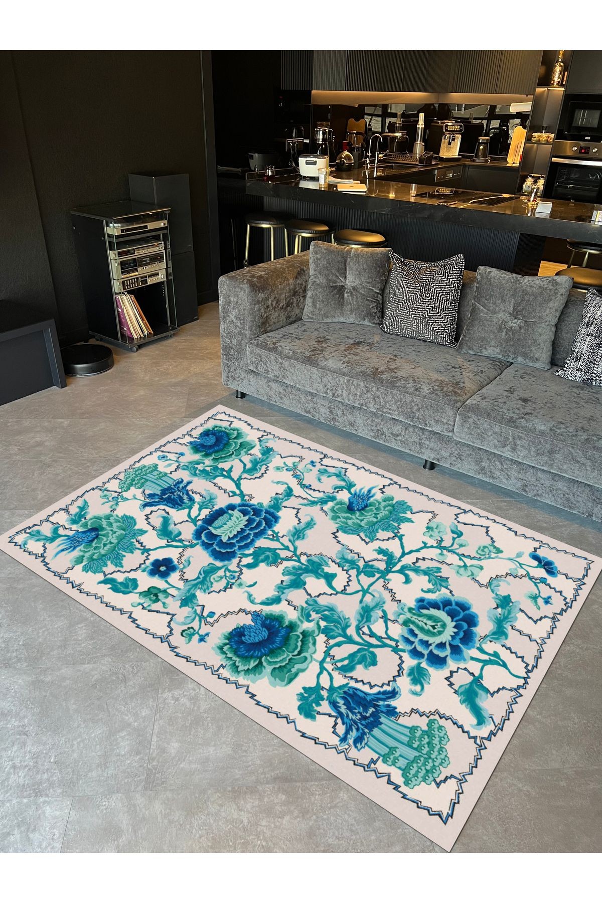 Fiori Turkuaz Mavi Çiçek Tema Dokuma Taban Dekoratif Halı 1754