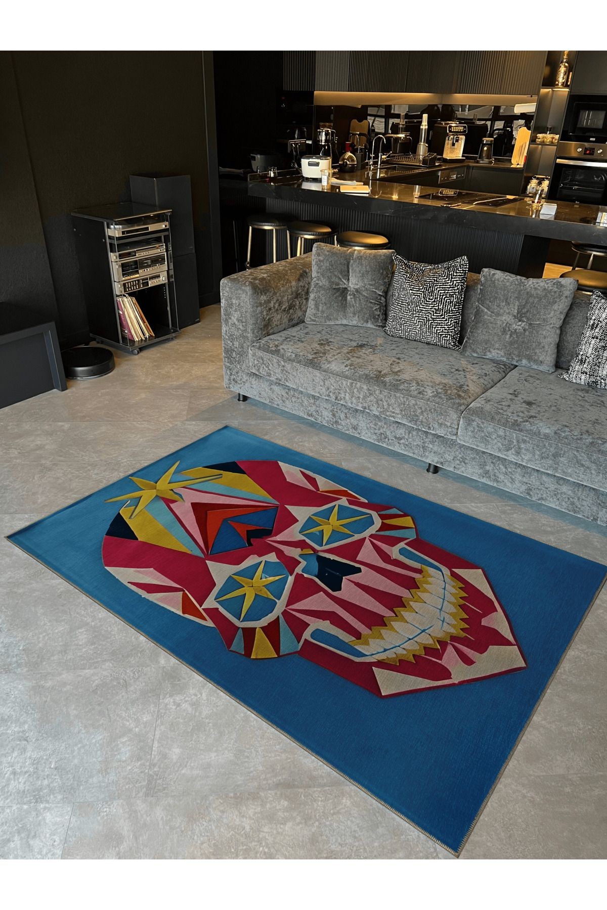 Mavi Temalı Çok Renkli Soyut Kurukafa Desenli Kreatif Modern Dekoratif Halı 5146