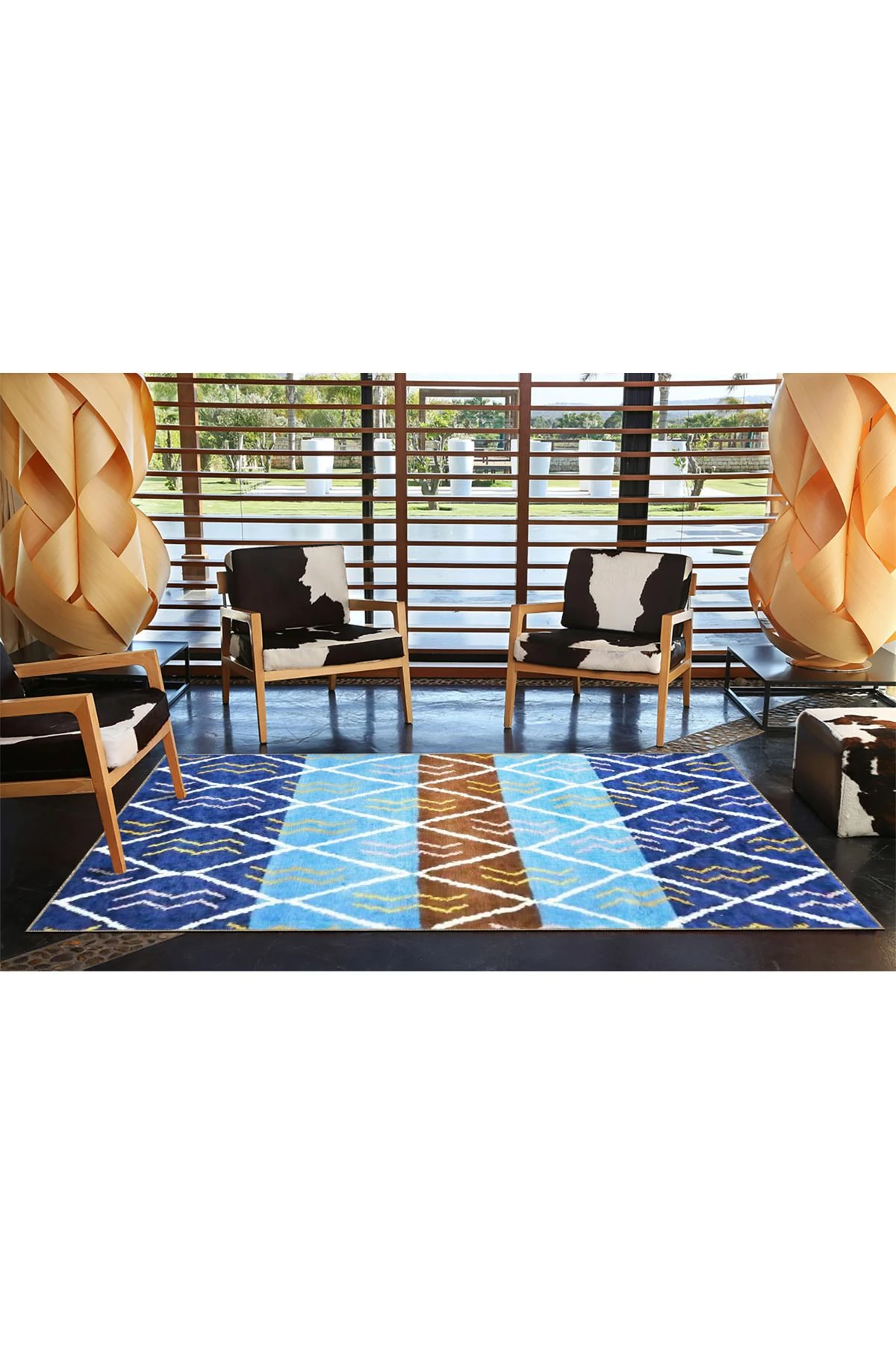 Mavi Kahverengi Temalı Geometrik Desenli Modern Dekoratif Halı 3518