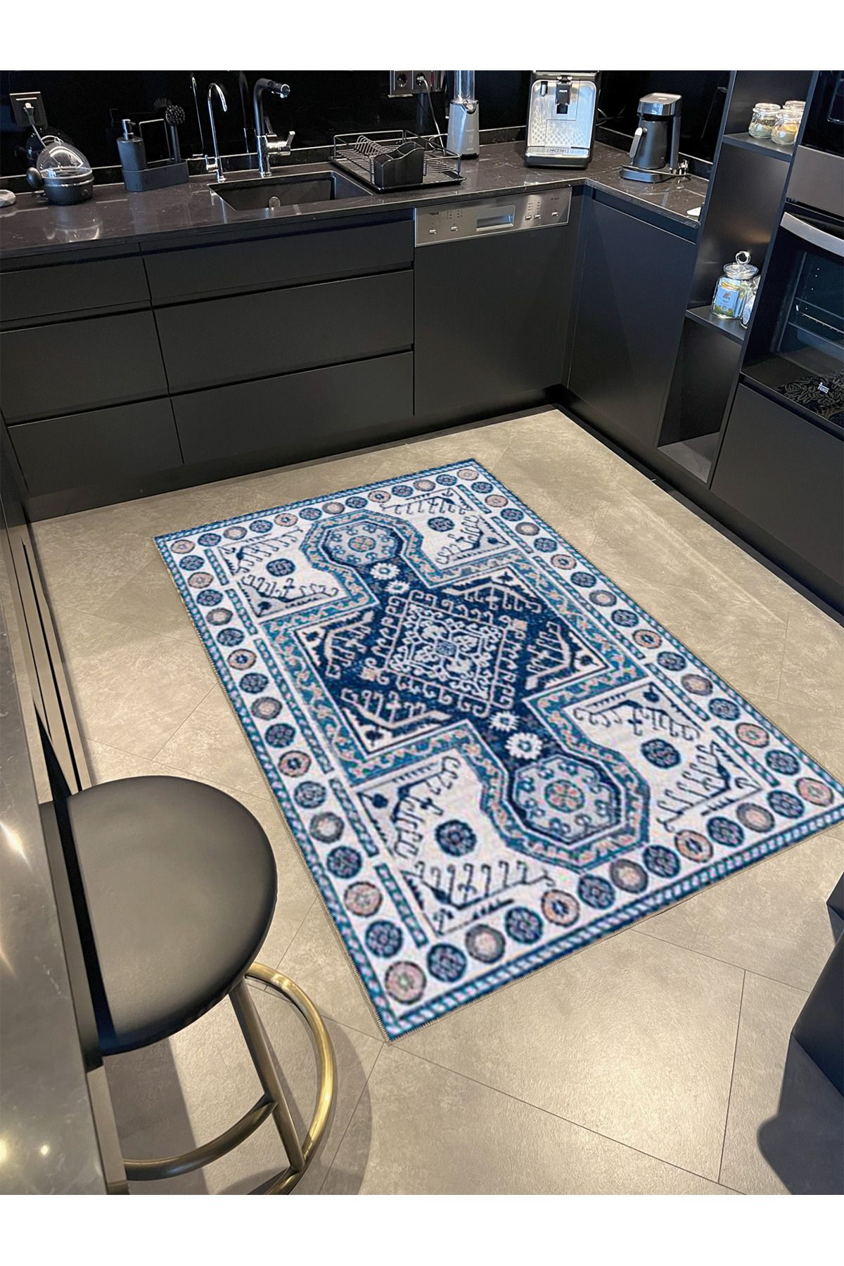 Lacivert Bej Temalı Motifli Etnik Figür Desenli Vintage Dekoratif Halı 5009