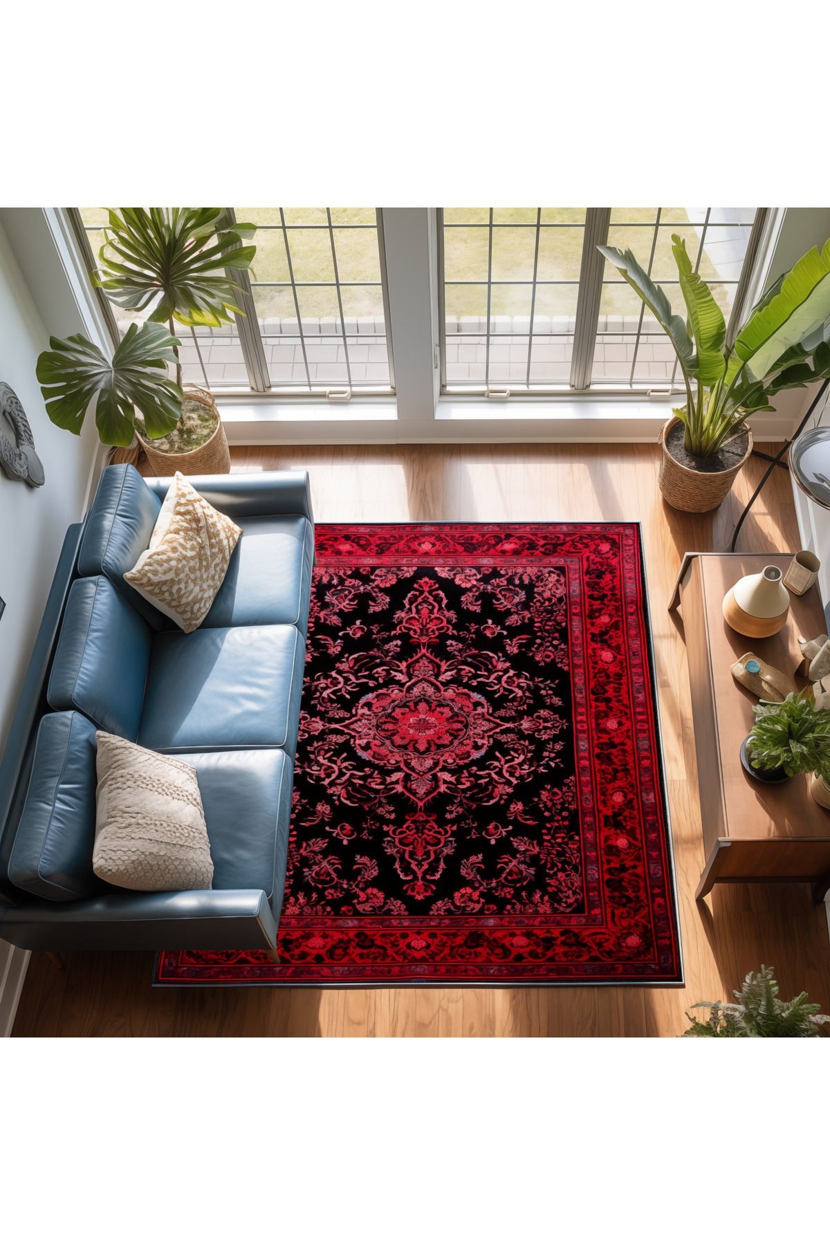Dido 2 Koleksiyonu Siyah Kırmızı Temalı Motifli Çiçek Desenli Kreatif Vintage Dekoratif Halı 3232