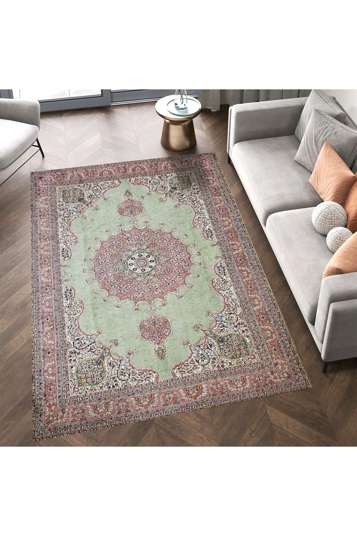 Mete Koleksiyonu Yeşil ve Pembe Tonlar Geleneksel Motif Desenli Vintage Dekoratif Halı 36