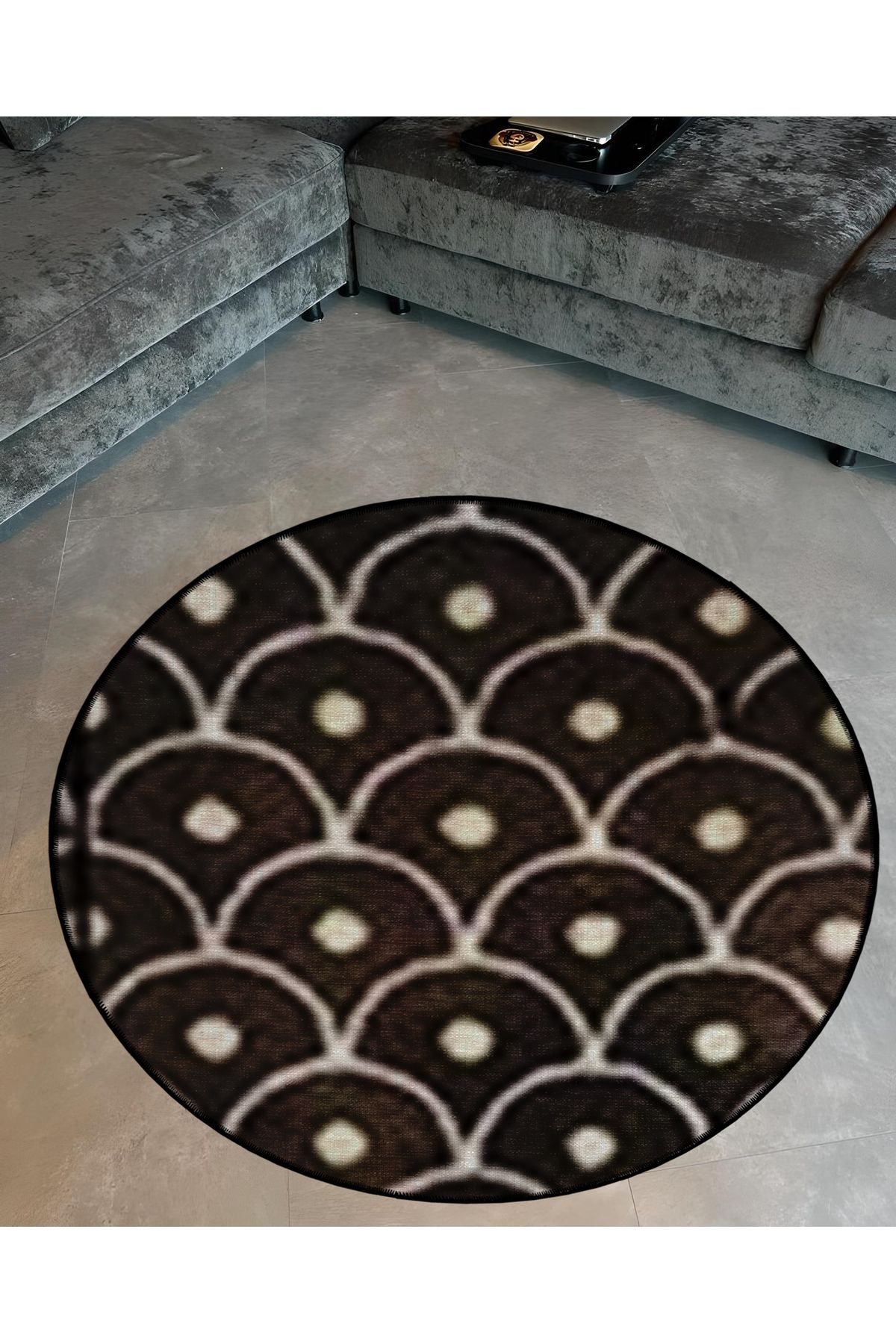 Koyu Kahve Tema Geometrik Desenli Yuvarlak Dokuma Taban Modern Dekoratif Halı 6038