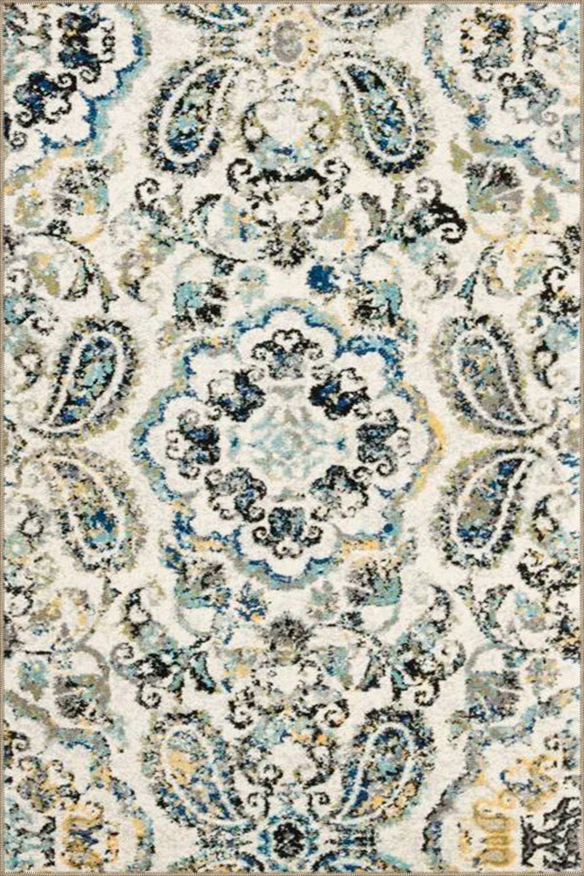 Krem Renkli Geometrik Dokuma Taban Yıkanabilir Halı miravip8353