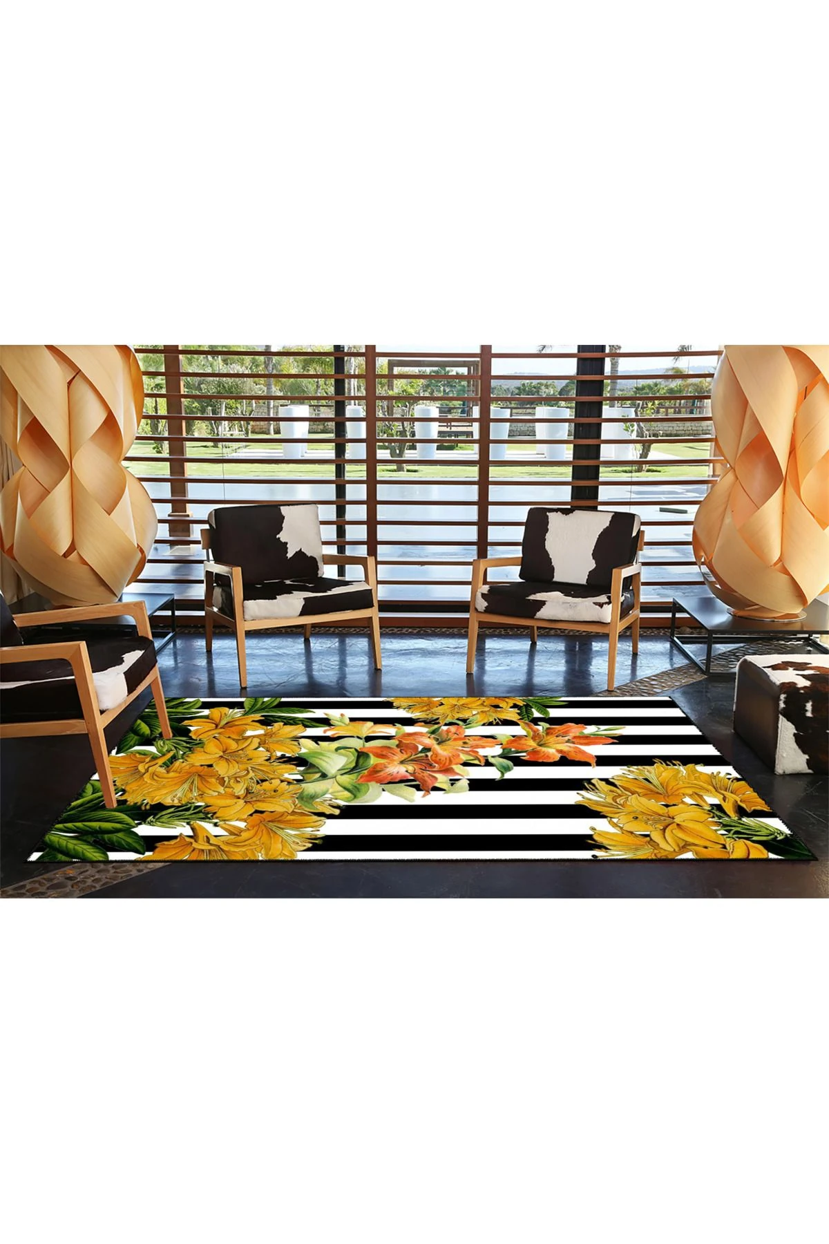 Siyah Beyaz Çizgili Çiçekli Geometrik Desenli Modern Dekoratif Halı miravip235