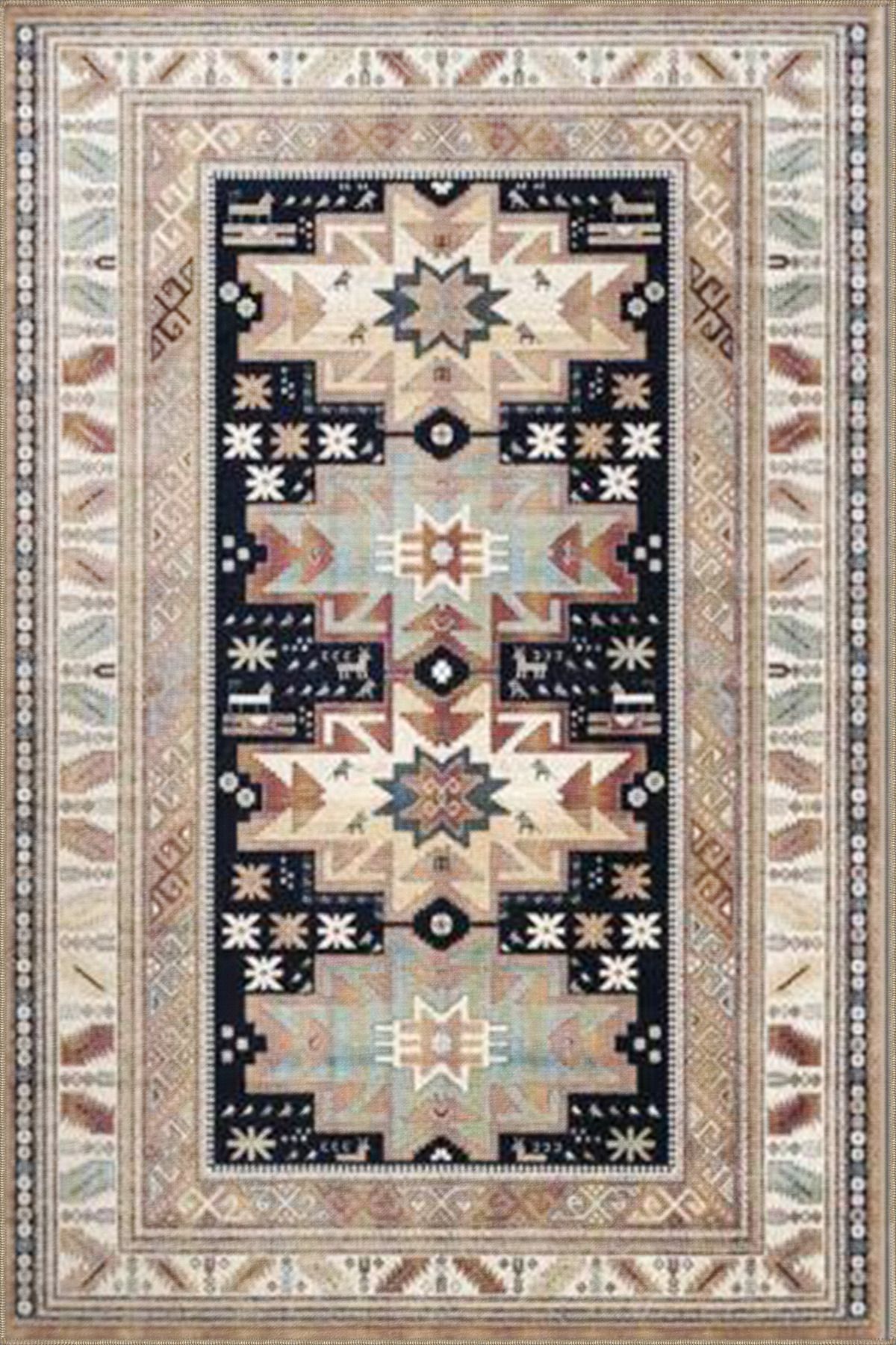 Krem Geometrik Modern Yıkanabilir Pamuklu Dekoratif Halı miravip8168