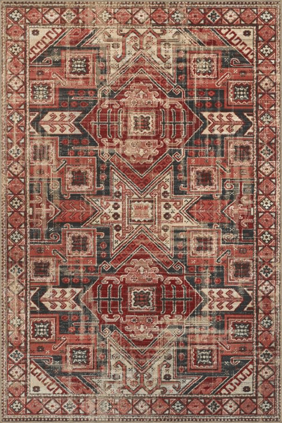 Kiremit Rengi Temalı Çok Renkli Geleneksel Motif Desenli Vintage Dekoratif Halı 3871
