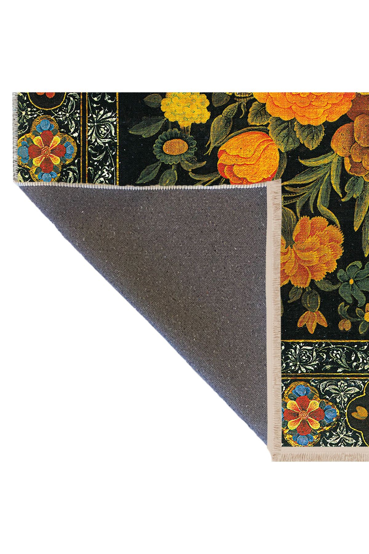 Siyah Temalı Sarı Çiçek ve Yaprak Desenli Vintage Dekoratif Halı 2672