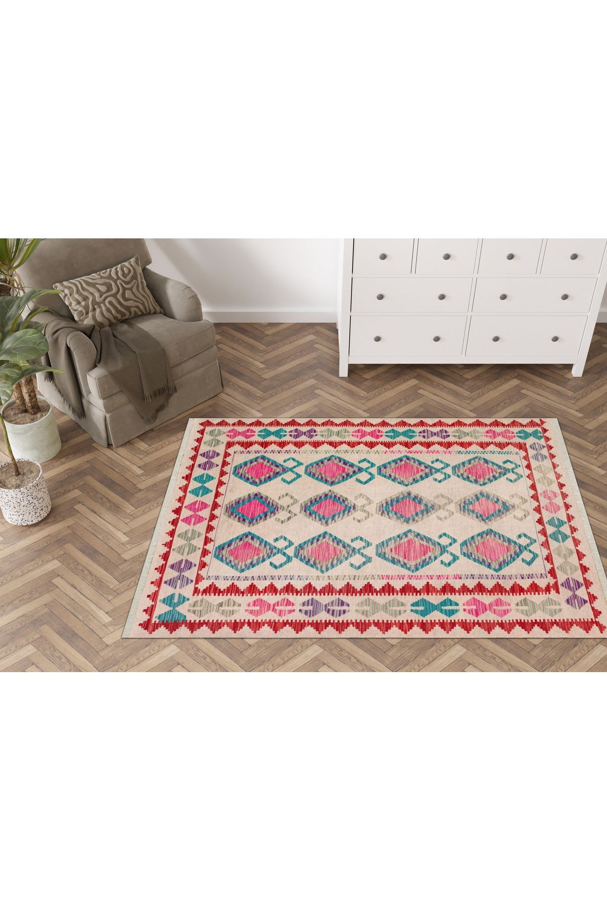 Cotton 575 Etnik Otantik Saçaklı Renkli Dokuma Taban Kilim